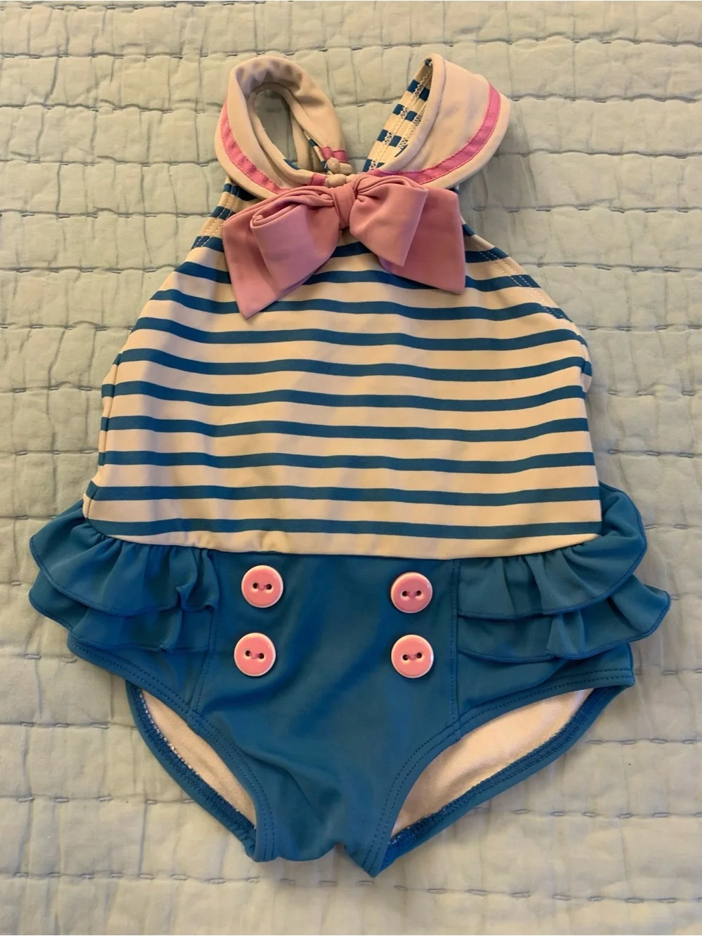 Vintage-Inspired Pink & Blue Striped Bow Sailor-Style One-Piece Swimsuit 12-18M